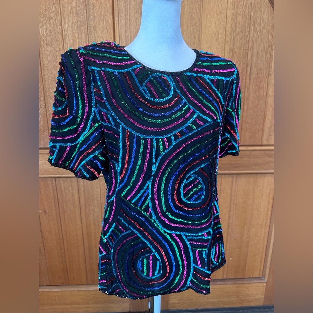 Mark & John by Gopal Vintage women’s Black SILK blouse with rainbow sequins